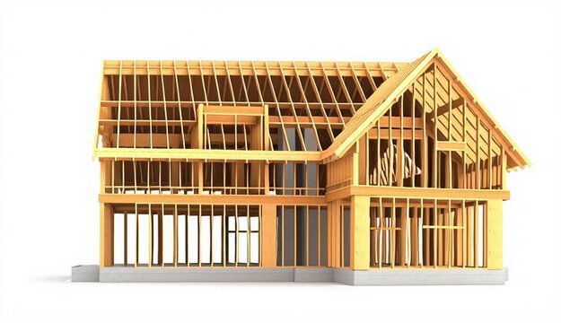 Wooden frame construction of a residential house, timber framing structure with exposed beams and studs, unfinished home building skeleton