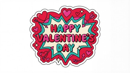 Happy valentines day pop art comic sticker, retro cartoon typography with hearts and arrows, colorful explosion speech bubble vector illustration, for love greeting card, holiday banner, romance.