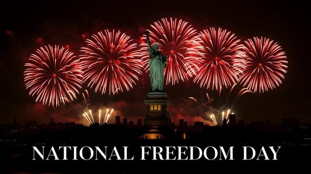 Statue of Liberty fireworks display America National Freedom Day celebration patriotic nighttime 4K Ai HD high quality video.
