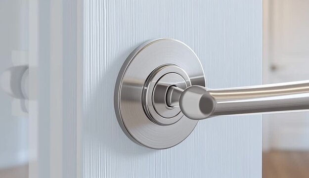 Close-up of a modern white interior door with brushed stainless steel door handle and lock mechanism, light oak or white washed wood grain texture