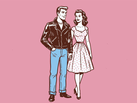 Vintage 1950s Pop Art Couple Illustration. Greaser Man in Leather Jacket and Retro Woman on a Date. Rockabilly Aesthetic.