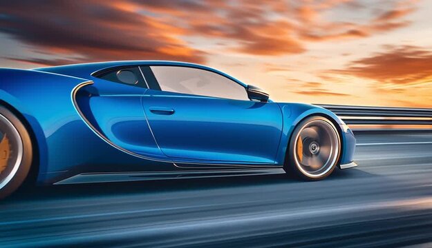 Blue sports car driving on a highway at high speed, side view showing front wheel and door, motion blur on road and background
