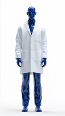 the full body photo of a stylized dark blue mannequin, wearing a white student laboratory coat standing in white background