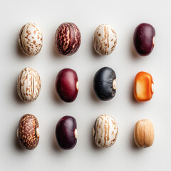 top view photo of various color beans separated placed on a clean white background