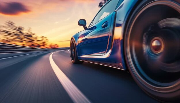 Blue sports car driving on a highway at high speed, side view showing front wheel and door, motion blur on road and background
