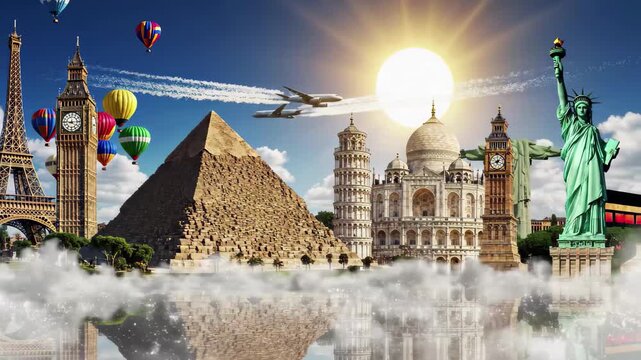Famous world landmarks collage with hot air balloons and airplane travel concept