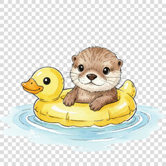 Baby otter swimming in yellow rubber duck ring. Cute baby otter enjoys summer water activities on transparent background. Sweet character vector design features happy baby otter.
