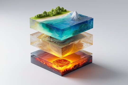 Abstract layered earth cubes showing ocean mountain and molten core symbolizing natural elements planetary structure geology and environmental balance concept, Generative AI