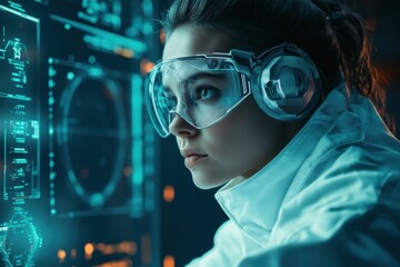 Young scientist analyzes data on high-tech interface in a lab during nighttime