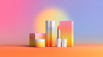 Vibrant colorful makeup products arranged on pastel background with rainbow gradient effect modern amusing design for beauty branding with cosmetics