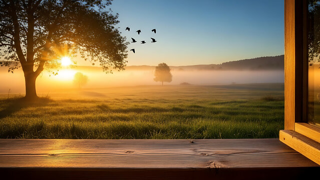 A serene landscape of a grassy field with trees at sunrise