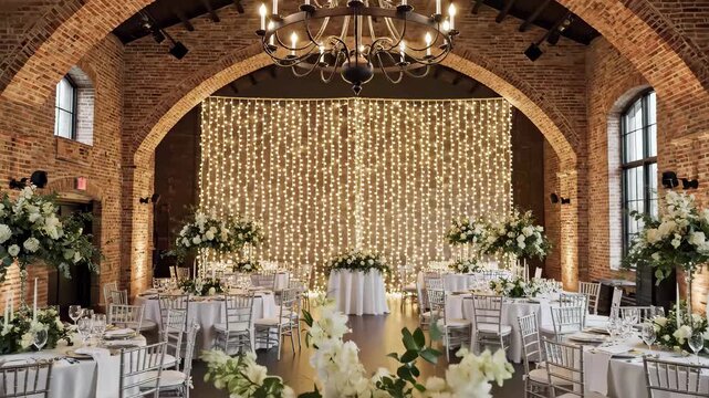 Elegant wedding reception setup in brick venue with white flowers and twinkle lights backdrop