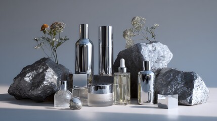 Luxurious skincare products in modern silver and clear glass bottles with rocks and flowers on a gray background for natural beauty and wellness advertising