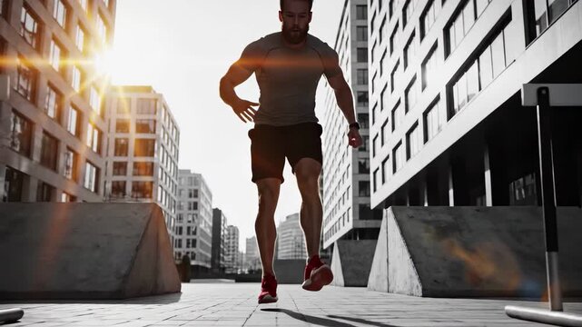 Athletic man performing a box jump or plyometric exercise outdoors in an urban setting with modern buildings and bright sunlight