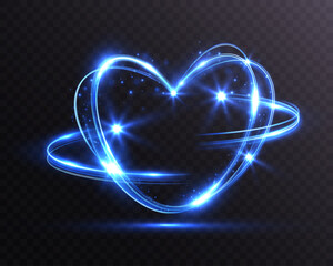 Glowing blue neon heart light trail with sparkles on transparent background, futuristic love symbol.
