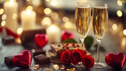A romantic table setting with champagne and chocolates for a special occasion