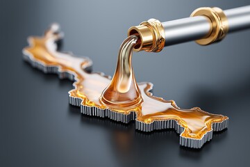 Golden oil flowing onto regional map shape symbolizing energy resources extraction geopolitics economic power and global dependency, Generative AI