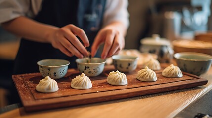 A chef prepares dumplings with dipping sauce in a restaurant setting