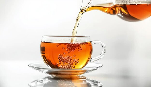 Hot tea being poured from a glass teapot into a clear glass cup with handle
