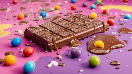 A chocolate bar with a colorful assortment of hard-shelled candies scattered on a purple surface