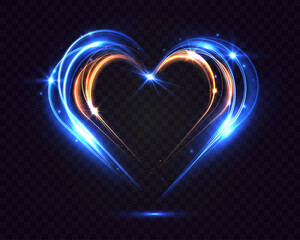 Glowing blue and gold neon heart light trails with sparkles on transparent background.