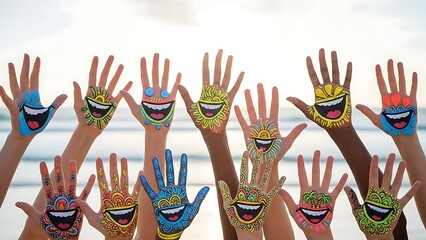 Diverse Hands Raised with Painted Smiles.