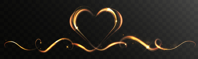 Golden glowing heart light trail with sparkling wave isolated on transparent background.
