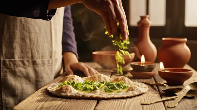 Chef garnishes flatbread with fresh herbs on wooden board near clay pottery. Person adds herb topping to flatbread. Rustic cooking with flatbread and herbs. Chef prepares bread with herb garnish.