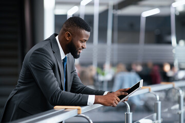 A man in a suit is using a tablet while leaning on a railing in a modern office. People are gathered in the background, engaged in various activities.