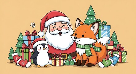 Adorable cartoon Santa Claus posing happily with a cute fox and a tiny penguin surrounded by many Christmas gifts and festive trees