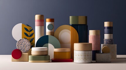A creative arrangement of colorful cylindrical containers and geometric shapes on a table with a dark background showcasing modern amusing design elements for game
