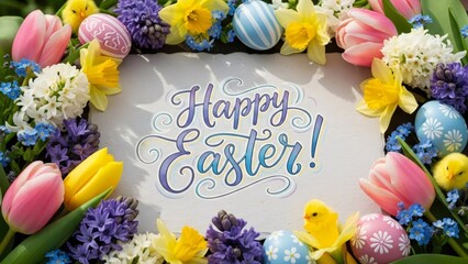 Happy Easter lettering on card framed by spring flowers, decorative eggs, and cute chick figurines. Easter holiday greeting concept for banner.