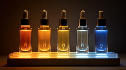 Multicolored glass dropper bottles on illuminated platform with vibrant liquids inside each bottle for skincare or healthcare product advertising