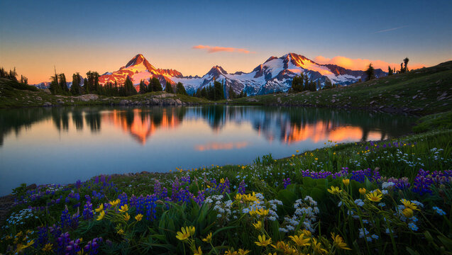 Alpine Lake: Mountain peaks reflected in a tranquil alpine lake - Powered by Adobe