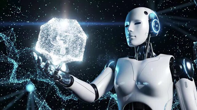 Futuristic android robot holding a glowing digital cube with abstract network background