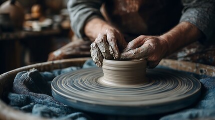 A close-up shot of a potter shaping clay on a rotating wheel, showcasing craftsmanship