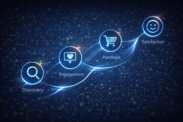 Obraz premium Digital illustration of a customer journey path visualized through connected icons representing discovery, engagement, purchase, and satisfaction. Flowing lines and glowing interface elements illustra