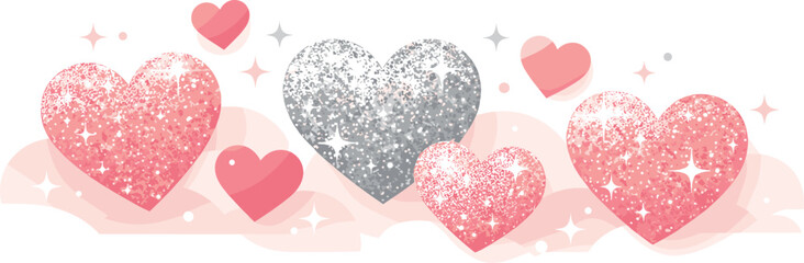 Floating Glitter Hearts. Floating glitter hearts arranged in a dreamy romantic composition with luminous highlights, modern flat