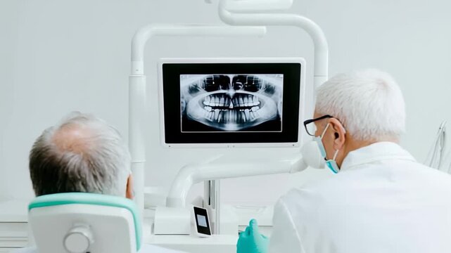 Dentist examining dental x-ray with patient in modern clinic