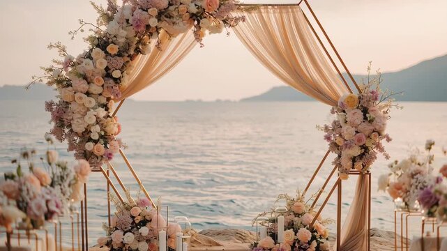 Elegant seaside wedding ceremony setup with floral arch and soft drapery by the ocean, romantic destination celebration with calm light and luxury decor