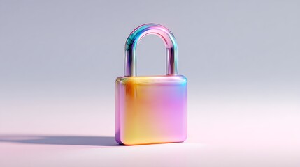 A close-up studio shot of a modern rainbow-colored padlock against a soft gradient background