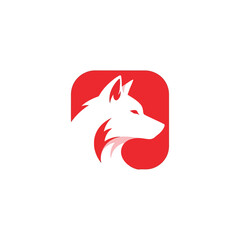 A minimalist logo featuring a stylized wolf's head in white against a red background
