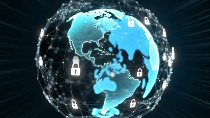Glowing digital globe with interconnected padlocks symbolizing cybersecurity and global data 4K Ai HD high quality video. - Powered by Adobe