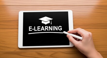 Hand drawing an e-learning concept on a digital tablet screen with a graduation cap icon displayed