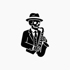 Stylish skeleton musician playing saxophone with fedora