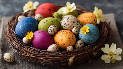 A close-up shot of an Easter nest filled with colorful speckled eggs, flowers