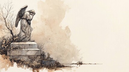 Sad Angel Sculpture in Cemetery Painted in Watercolor Style