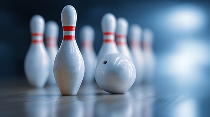 A close-up shot of bowling pins and a ball, arranged on a wooden lane, in a soft blue hue