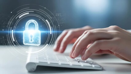 Hands typing on laptop keyboard with futuristic digital interface and glowing cross symbol in 4K Ai HD high quality video. - Powered by Adobe