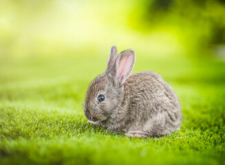 Grey rabbit sitting on green grass in natural light, peaceful spring nature scene